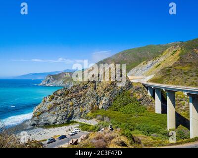 Bixby Creek Bridge, Highway 1 und Big Sur Coast California. Bixby Canyon Bridge in Kalifornien und Big Sur eine der schönsten Küsten der Welt Stockfoto