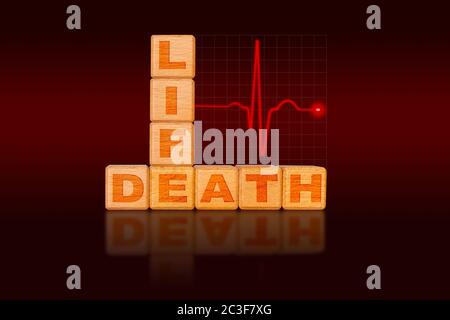 Leben und Tod Konzept auf Alphabet-Blöcke in Form eines Diagramms mit EKG-Elektrokardiogramm geschrieben, die starke Herzschlag zunächst gefolgt von fl Stockfoto