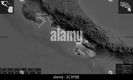 Puntarenas, Provinz Costa Rica. Graustufen-Karte mit Seen und Flüssen. Form präsentiert gegen seine Landesfläche mit informativen Überlagerungen. 3D-rende Stockfoto