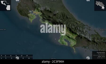 Puntarenas, Provinz Costa Rica. Satellitenbilder. Form präsentiert gegen seine Landesfläche mit informativen Überlagerungen. 3D-Rendering Stockfoto