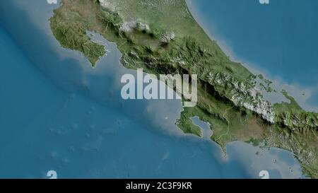 Puntarenas, Provinz Costa Rica. Satellitenbilder. Form, die gegenüber dem Landesgebiet umrissen ist. 3D-Rendering Stockfoto