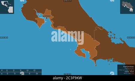 Puntarenas, Provinz Costa Rica. Gemusterte Feststoffe mit Seen und Flüssen. Form präsentiert gegen seine Landesfläche mit informativen Überlagerungen. 3D ren Stockfoto