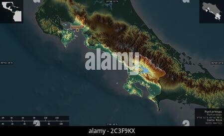 Puntarenas, Provinz Costa Rica. Farbiges Relief mit Seen und Flüssen. Form präsentiert gegen seine Landesfläche mit informativen Überlagerungen. 3D-rende Stockfoto