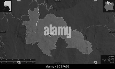 Savanes, Bezirk Côte d'Ivoire. Graustufen-Karte mit Seen und Flüssen. Form präsentiert gegen seine Landesfläche mit informativen Überlagerungen. 3D-rende Stockfoto