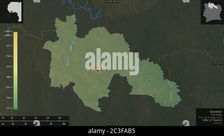 Savanes, Bezirk Côte d'Ivoire. Farbige Shader-Daten mit Seen und Flüssen. Form präsentiert gegen seine Landesfläche mit informativen Überlagerungen. 3D Stockfoto