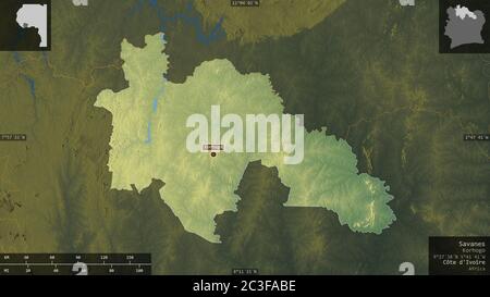 Savanes, Bezirk Côte d'Ivoire. Farbiges Relief mit Seen und Flüssen. Form präsentiert gegen seine Landesfläche mit informativen Überlagerungen. 3D-rende Stockfoto