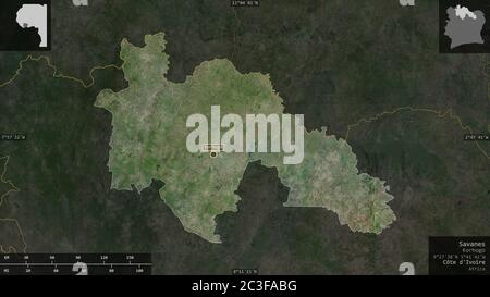 Savanes, Bezirk Côte d'Ivoire. Satellitenbilder. Form präsentiert gegen seine Landesfläche mit informativen Überlagerungen. 3D-Rendering Stockfoto