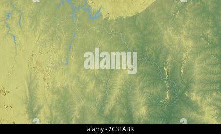 Savanes, Bezirk Côte d'Ivoire. Farbiges Relief mit Seen und Flüssen. Form, die gegenüber dem Landesgebiet umrissen ist. 3D-Rendering Stockfoto