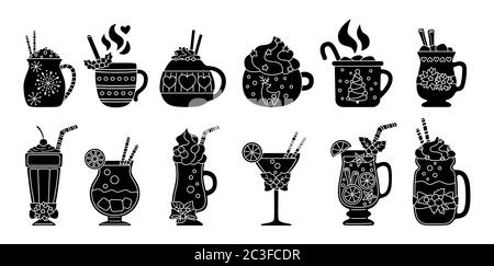 Weihnachten heiße Getränk Silhouette gesetzt. Schwarze Glyphe flach Cartoon verschiedene Getränke. Urlaub niedlichen Tassen heißen Kakao, Kaffee, Milch und Glühwein. Neujahr Getränke dekoriert Holly, Süßigkeiten. Vektorgrafik Stock Vektor
