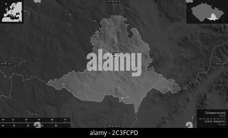 Jihomoravský, Region der Tschechischen Republik. Graustufen-Karte mit Seen und Flüssen. Form präsentiert gegen seine Landesfläche mit informativen Überlagerungen. 3D r Stockfoto