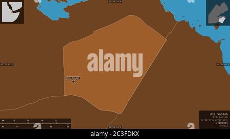 Ali Sabieh, Region Dschibuti. Gemusterte Feststoffe mit Seen und Flüssen. Form präsentiert gegen seine Landesfläche mit informativen Überlagerungen. 3D-Renderi Stockfoto