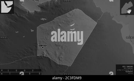 Ali Sabieh, Region Dschibuti. Graustufen-Karte mit Seen und Flüssen. Form präsentiert gegen seine Landesfläche mit informativen Überlagerungen. 3D-Rendering Stockfoto