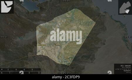 Ali Sabieh, Region Dschibuti. Satellitenbilder. Form präsentiert gegen seine Landesfläche mit informativen Überlagerungen. 3D-Rendering Stockfoto