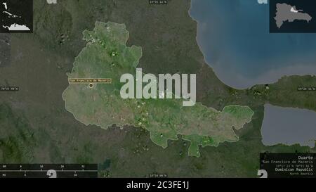 Duarte, Provinz Dominikanische Republik. Satellitenbilder. Form präsentiert gegen seine Landesfläche mit informativen Überlagerungen. 3D-Rendering Stockfoto
