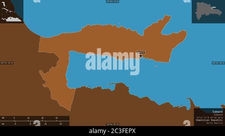 Samaná, Provinz Dominikanische Republik. Gemusterte Feststoffe mit Seen und Flüssen. Form präsentiert gegen seine Landesfläche mit informativen Überlagerungen. 3D Stockfoto