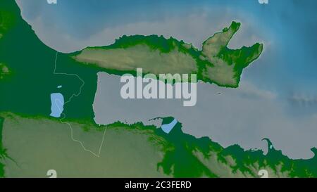 Samaná, Provinz Dominikanische Republik. Farbige Shader-Daten mit Seen und Flüssen. Form, die gegenüber dem Landesgebiet umrissen ist. 3D-Rendering Stockfoto