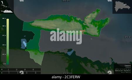 Samaná, Provinz Dominikanische Republik. Farbige Shader-Daten mit Seen und Flüssen. Form präsentiert gegen seine Landesfläche mit informativen Überlagerungen. Stockfoto