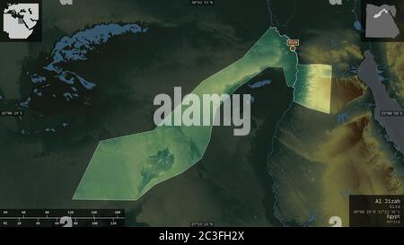 Al Jizah, Gouvernement von Ägypten. Farbiges Relief mit Seen und Flüssen. Form präsentiert gegen seine Landesfläche mit informativen Überlagerungen. 3D-Rendering Stockfoto