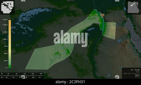 Al Jizah, Gouvernement von Ägypten. Farbige Shader-Daten mit Seen und Flüssen. Form präsentiert gegen seine Landesfläche mit informativen Überlagerungen. 3D-Rend Stockfoto