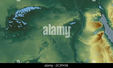 Al Jizah, Gouvernement von Ägypten. Farbiges Relief mit Seen und Flüssen. Form, die gegenüber dem Landesgebiet umrissen ist. 3D-Rendering Stockfoto