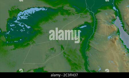 Al Jizah, Gouvernement von Ägypten. Farbige Shader-Daten mit Seen und Flüssen. Form, die gegenüber dem Landesgebiet umrissen ist. 3D-Rendering Stockfoto