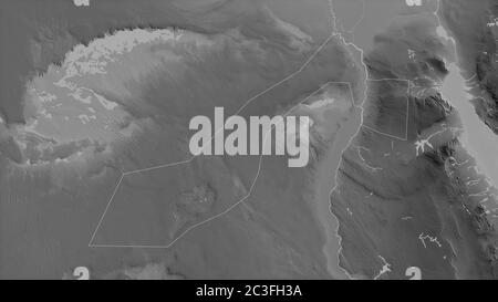 Al Jizah, Gouvernement von Ägypten. Graustufen-Karte mit Seen und Flüssen. Form, die gegenüber dem Landesgebiet umrissen ist. 3D-Rendering Stockfoto