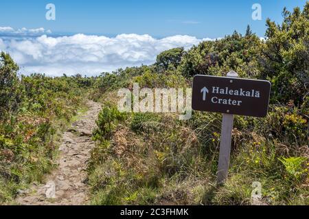 Eine Beschreibung für den Trail im Haleakala Nationalpark, Hawaii Stockfoto