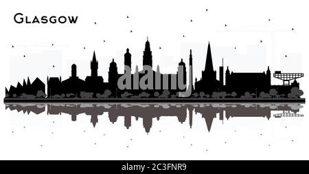 Glasgow Scotland City Skyline mit schwarzen Gebäuden und Reflektionen isoliert auf Weiß. Vektorgrafik. Stock Vektor