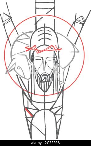 Handgezeichnete Illustration oder künstlerische Zeichnung von Jesus Christus guter Hirte bei der Kreuzigung Stock Vektor