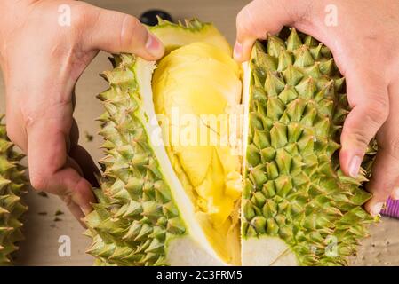 Durian mon Thong ist König der Früchte Durian und Durian geschälte Obstteller tropischer Durian auf weißem Hintergrund gesunde Durian Obst Nahrung isoliert Stockfoto