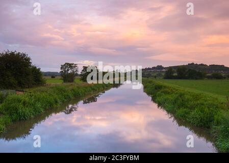 Glastonbury, Somerset, Großbritannien. Juni 2020. Wetter in Großbritannien. Die Wolken im Westen leuchten rosa und spiegeln sich im River Blue bei Glastonbury in Somerset während der Sommersonnenwende bei Sonnenaufgang. Bildquelle: Graham Hunt/Alamy Live News Stockfoto