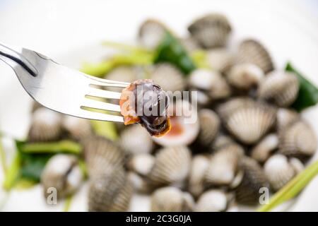 Gekochte Herzmuscheln oder Jakobsmuscheln mit Meeresfrüchtesoße Stockfoto