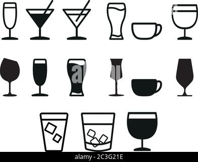 Set von Getränken Symbole, Wasser, alkoholfreie Getränke, Alkohol, Saft, Glas, Milch-Shakevector Stock Vektor