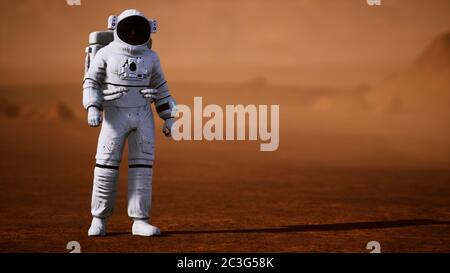 Astronaut auf der Marsoberfläche. Roter Planet bedeckt mit Gas und Felsen Stockfoto