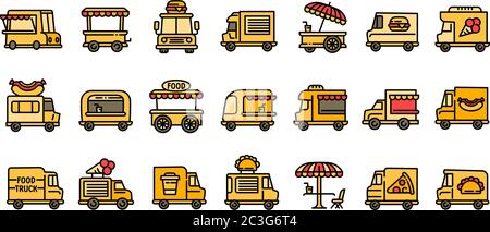 Symbole für Food Truck eingestellt. Skizzieren Sie Satz von Lebensmittel LKW Vektor-Symbole für Web-Design isoliert auf weißem Hintergrund Stock Vektor