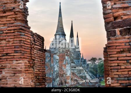 Ziegelruinen und weiße Stupas des alten buddhistischen Tempels in Ayutthaya Stockfoto