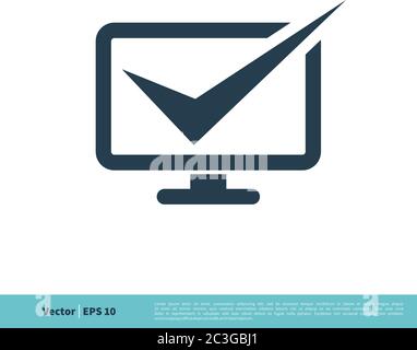 Flachbildschirm-Fernseher, Häkchen und Monitor Symbol Vektor Logo Vorlage Illustration Design. Vektor EPS 10. Stock Vektor