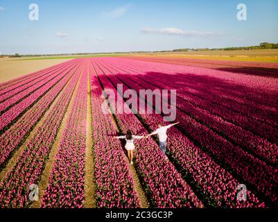 Tulpenfelder in den Niederlanden, Paare Männer und Frauen im Blumenfeld im Frühling in den Niederlanden Stockfoto