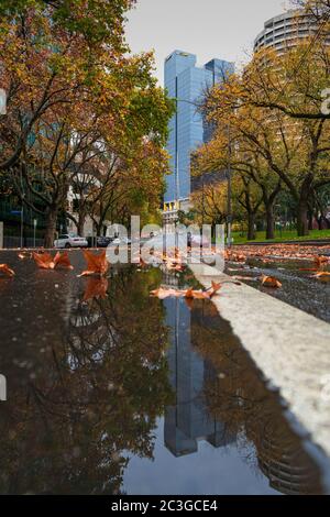 MELBOURNE, AUSTRALIEN - 23. Mai 2020: Park Strandpaneele, die zum Gebäude in Melbourne CBD führen Stockfoto