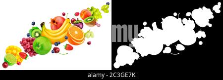 Fallende Früchte und Beeren isoliert auf weißem Hintergrund Stockfoto