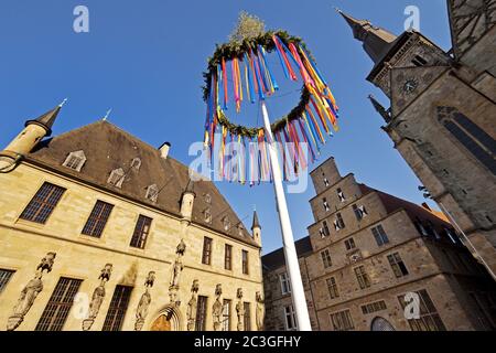 Maistange mit Rathaus, Stadtlibra und Marienkirche, Osnabrück, Niedersachsen, Deutschland, Europa Stockfoto