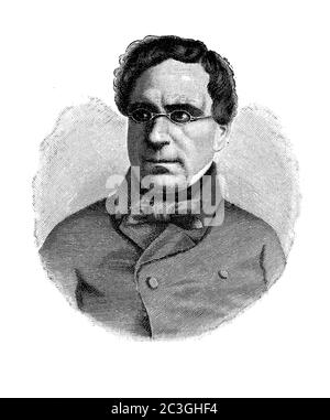 Gravierendes Porträt von Francesco Domenico Guerrazzi ( 1804 - 1873), italienischem Schriftsteller und Politiker, beteiligt am italienischen Risorgimento, idealistisch, mehrmals inhaftiert für seine Tätigkeit im "jungen Italien" Stockfoto