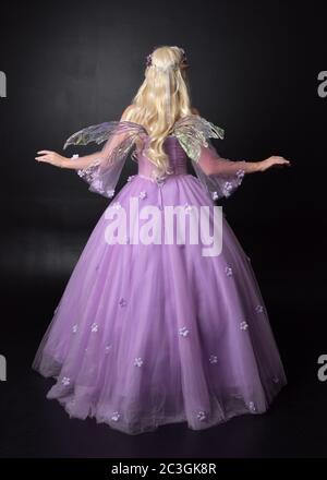 Portrait einer schönen blonden Fee trägt lila Fantasy-Kleid mit Flügeln. In voller Länge stehende Pose, isoliert vor einem Studio-Hintergrund. Stockfoto