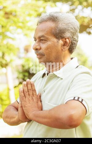 Yoga im Park. Senior man in namaste Pose - ältere 60s Menschen Fitness, Yoga und gesunde Lebensweise Konzept. Stockfoto