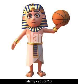 Cartoon 3d ägyptischen pharao Charakter hält einen Baskeball, 3d-Illustration Stockfoto