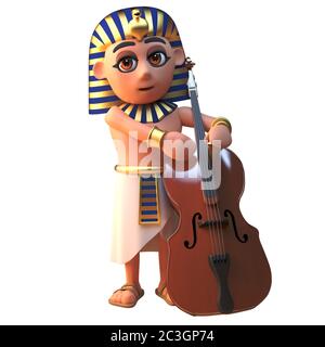 Musical 3d Cartoon ägyptischen pharao Charakter spielt den Kontrabass, 3d-Illustration Stockfoto