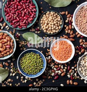 Leguminosen-Sortiment, über dem Kopf quadratisch auf einem dunklen Hintergrund aufgenommen. Linsen, Sojabohnen, Kichererbsen, rote Kidney-Bohnen, eine Vatiety von Puls Stockfoto