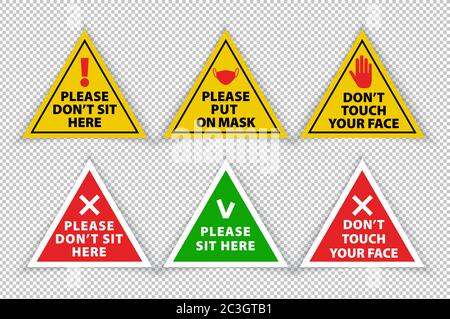 Dreieck Warnung Coronavirus Zeichen auf transparentem Hintergrund.. Maske aufsetzen. Abstand halten. Setzen Sie sich nicht hier hin. Setzen Sie sich hier. Berühren Sie nicht Ihr Gesicht Stock Vektor
