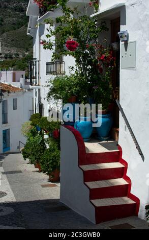Blick auf eine schmale Straße in der liebenswerten, hübschen kleinen weißen Stadt Frigiliana, in Andalusien, Südspanien. Eine malerische, enge, gewundene Straße. Stockfoto