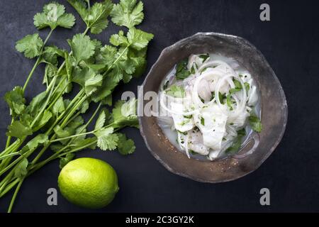 Traditionelle peruanische Gourmet-Ceviche siehe Bass-Filetstück mit Zwiebelringen und Koriander in Limettensaft als Draufsicht in einem modernen d Stockfoto